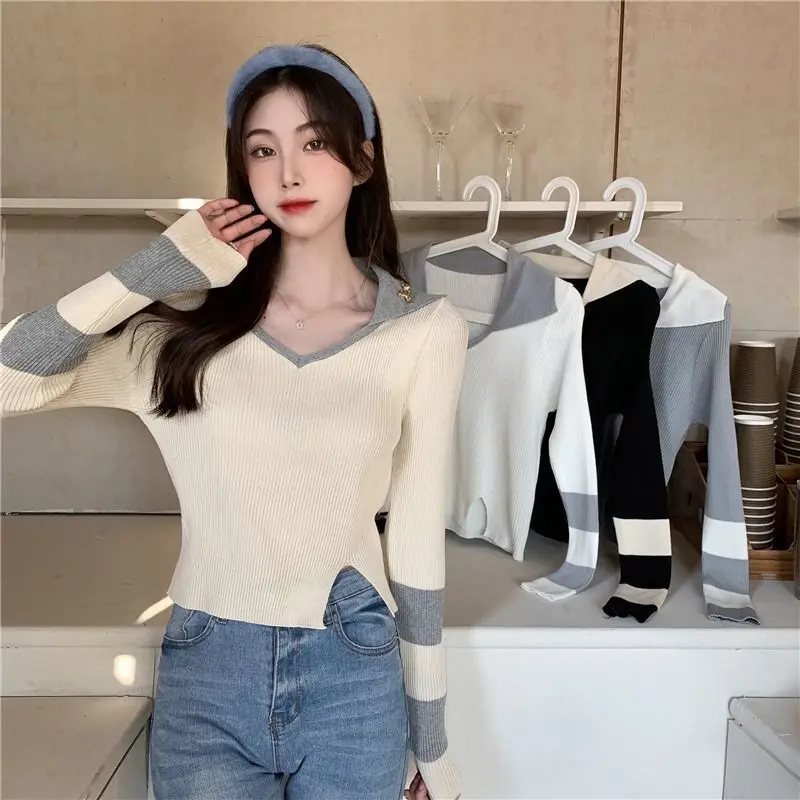 Women Clothing Spring Autumn Fashion Casual Color Blocking V-neck Ladies Knitting Screw Thread Appear Thin Long Sleeve Cardigan