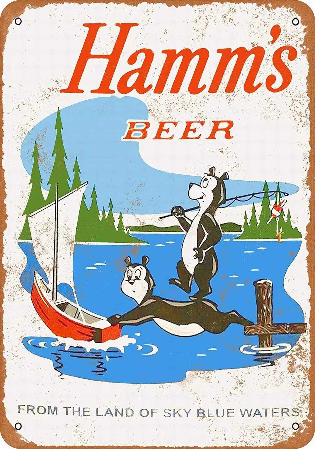 1pc LoMall 12 x 16 Metal Sign - Hamm's Beer Bears Fishing - Vintage Wall Decor Art