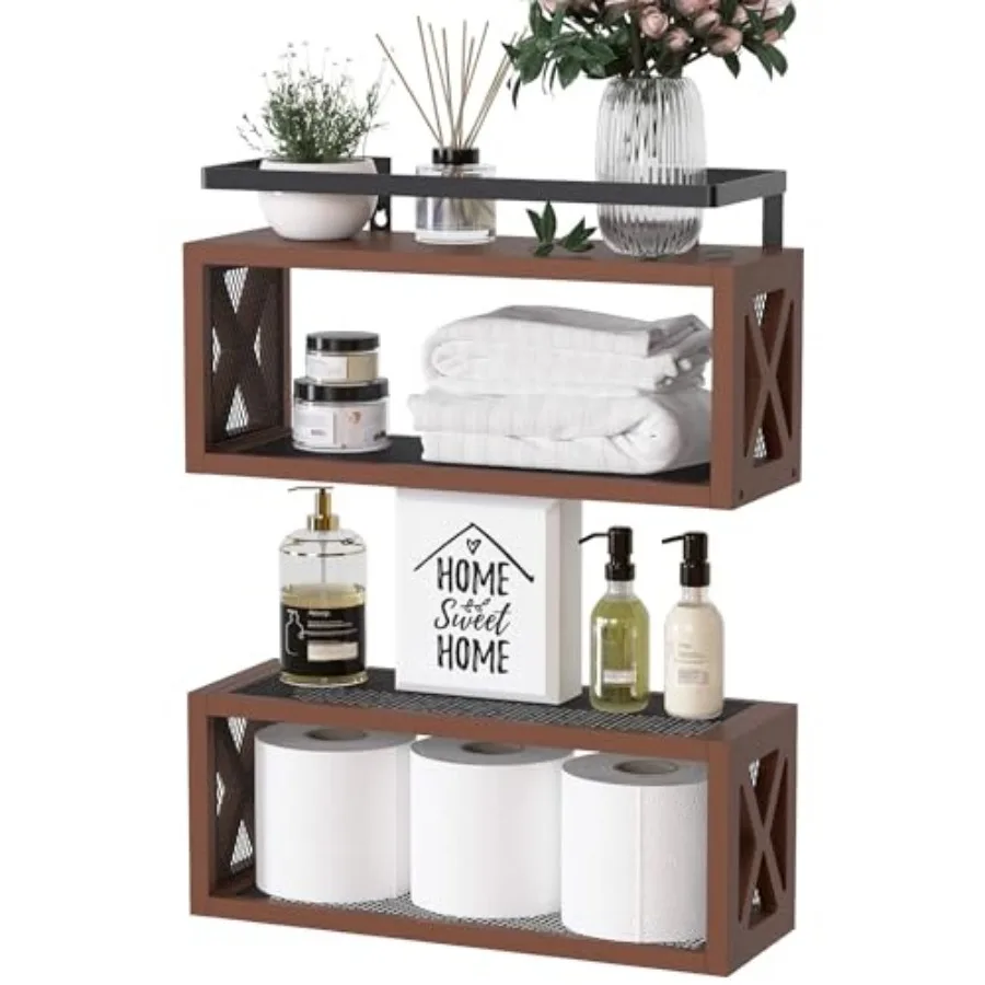 

Floating Wood Shelves with Guardrail,,Wall Mounted, 2 Shelves, Farmhouse Style