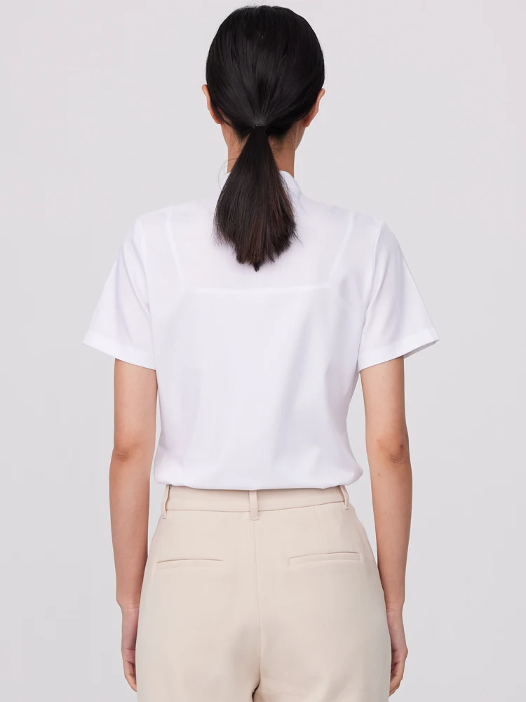 Women's Office Lady Short Sleeve Stand Collar Shirt Without Pocket Hidden Buttons Placket Slim-fit Slight Strech Blouse Shirts