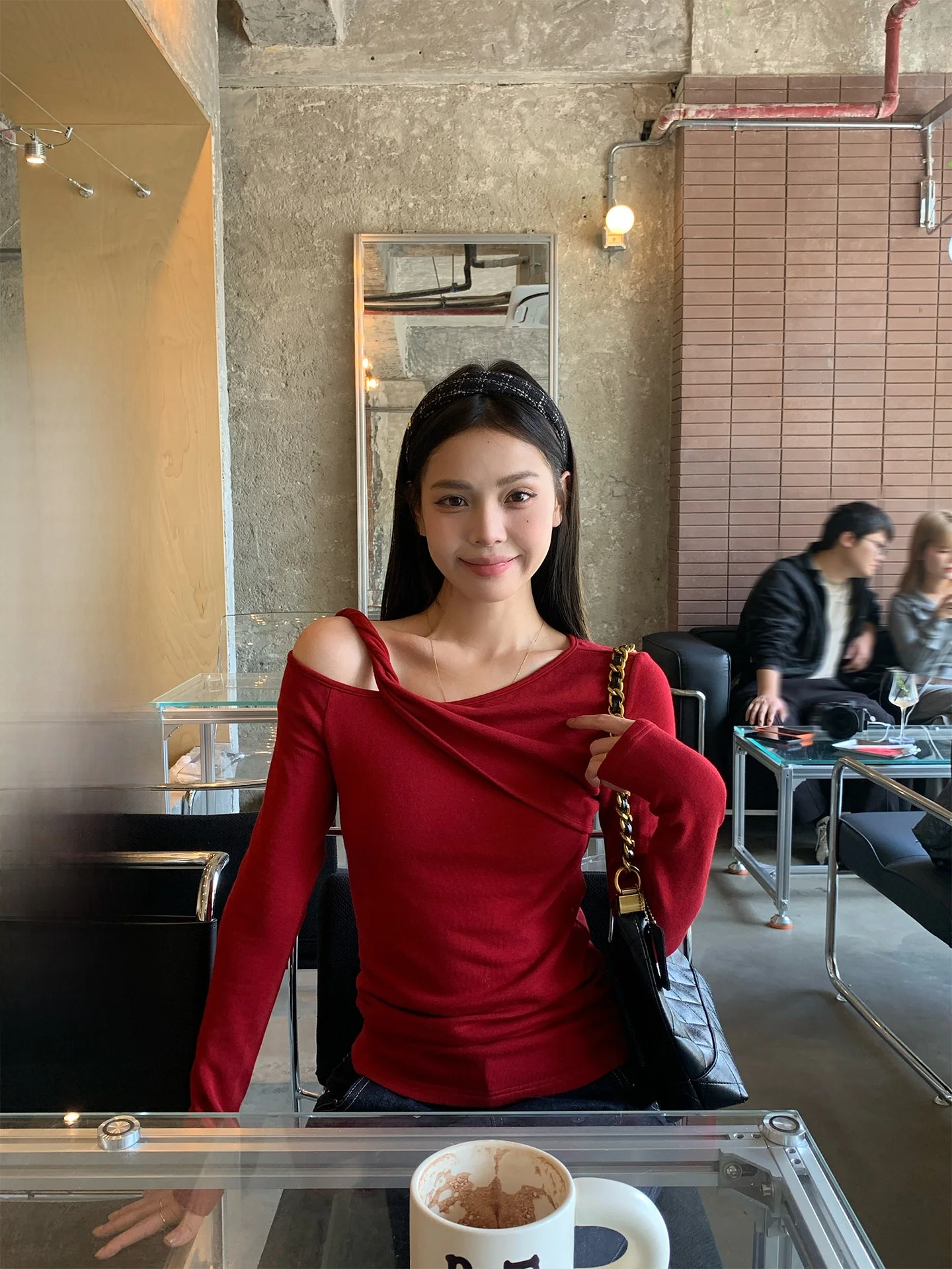 

Red Knot Slant oulder Long Sve Women's T-irt Slim Fit Inner Wear Base irt Top Commute Sle Creative Pattern