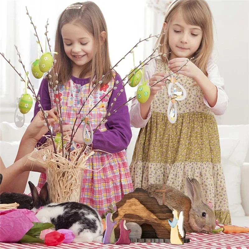 2 ピース イースター シーン デコレーション 復活シーン オーナメント 図のように 木製飼い葉桶 クレッシュ キリスト降誕セット 工芸品 復活