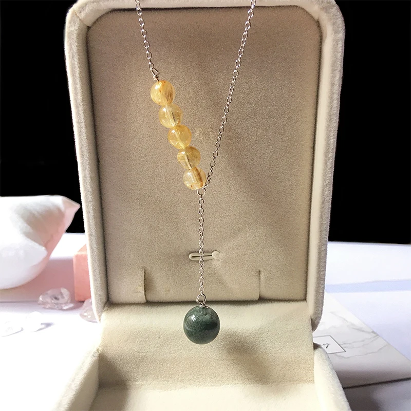 

Natural Quartz Crystal Green Ghost Phantom Crystal/Gold Rutilated Quartz 925 Sterling Silver Women Quartz Pendant Necklace