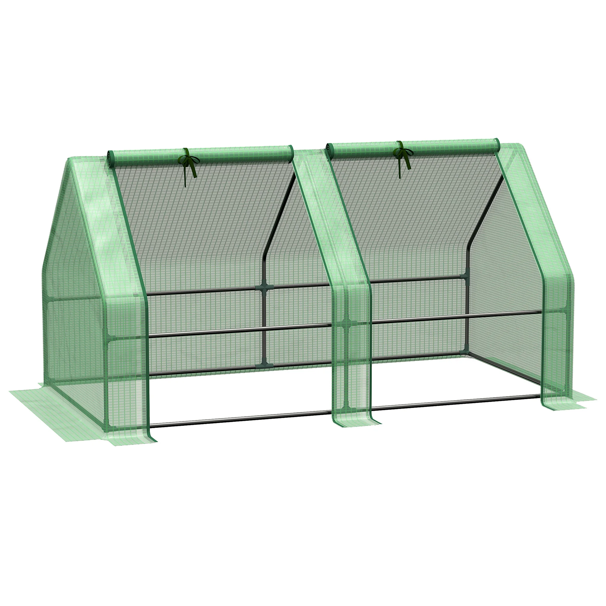 Outsunny tuin mini-kas mini-kas tunnel 180L x 90L x 90H cm schuin dak staal PE hoge dichtheid 140g/m² anti-UV 2 ramen met groene oprolbare ritssluiting