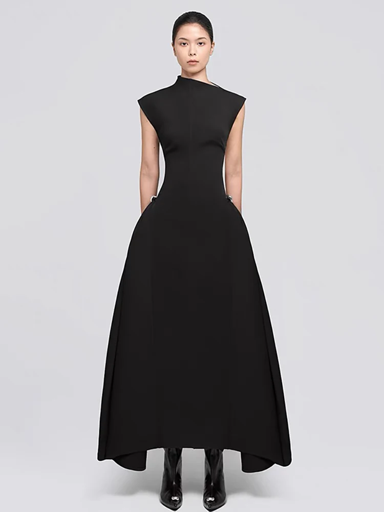 QMQA Fashion Women\'s Evening Elegant Dress Diagonal Collar Sleeveless Slimming Ankle-length Dresses 2025 New Clothing 1A255