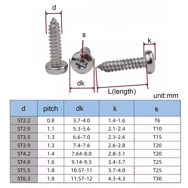 10-50pcs Torx Button Head Self Tapping Security Anti Vandal Wood Screws M2.9 M3.5 M3.9 M4.8 304 Stainless Steel Length 6.5-38mm