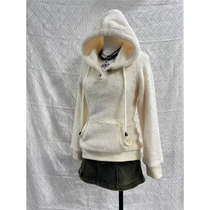 Moletom com Capuz de Fleece para Mulheres, Solto, Sólido, Manga Longa, Casaco Fuzzy, Estilo Preppy, Top Grosso e Doce Harajuku Y2K, Hoodie Coreano Kawaii