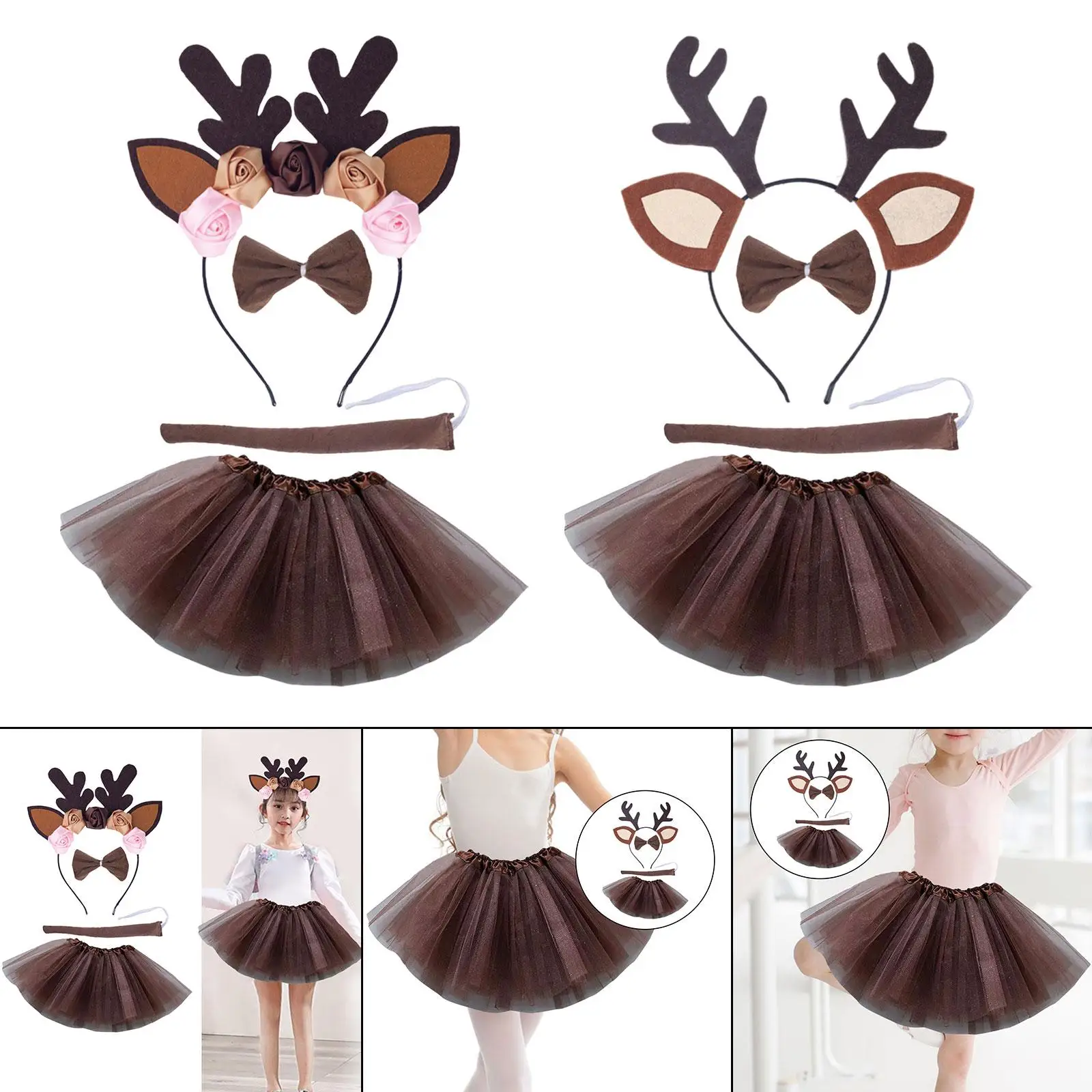 Reindeer Tutu Headband Tail Bowtie Set Hair Hoop Dress up Tutu Skirt Deer Costume Long Tail for Prom Carnival Party Halloween