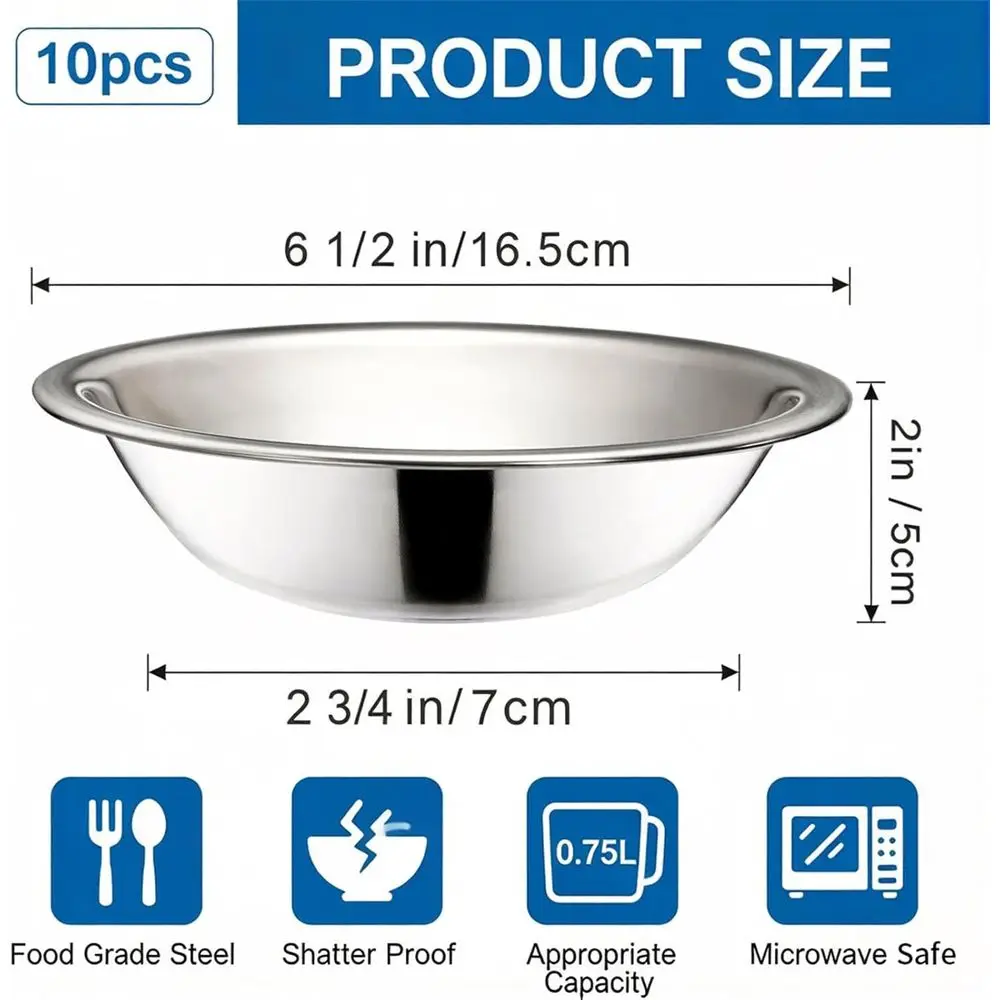 10-Piece Stainless Steel Mixing Bowls, 6.5 Diameter, 3/4 Quart Capacity, Ideal for Kitchen Prep, Cooking, and Serving