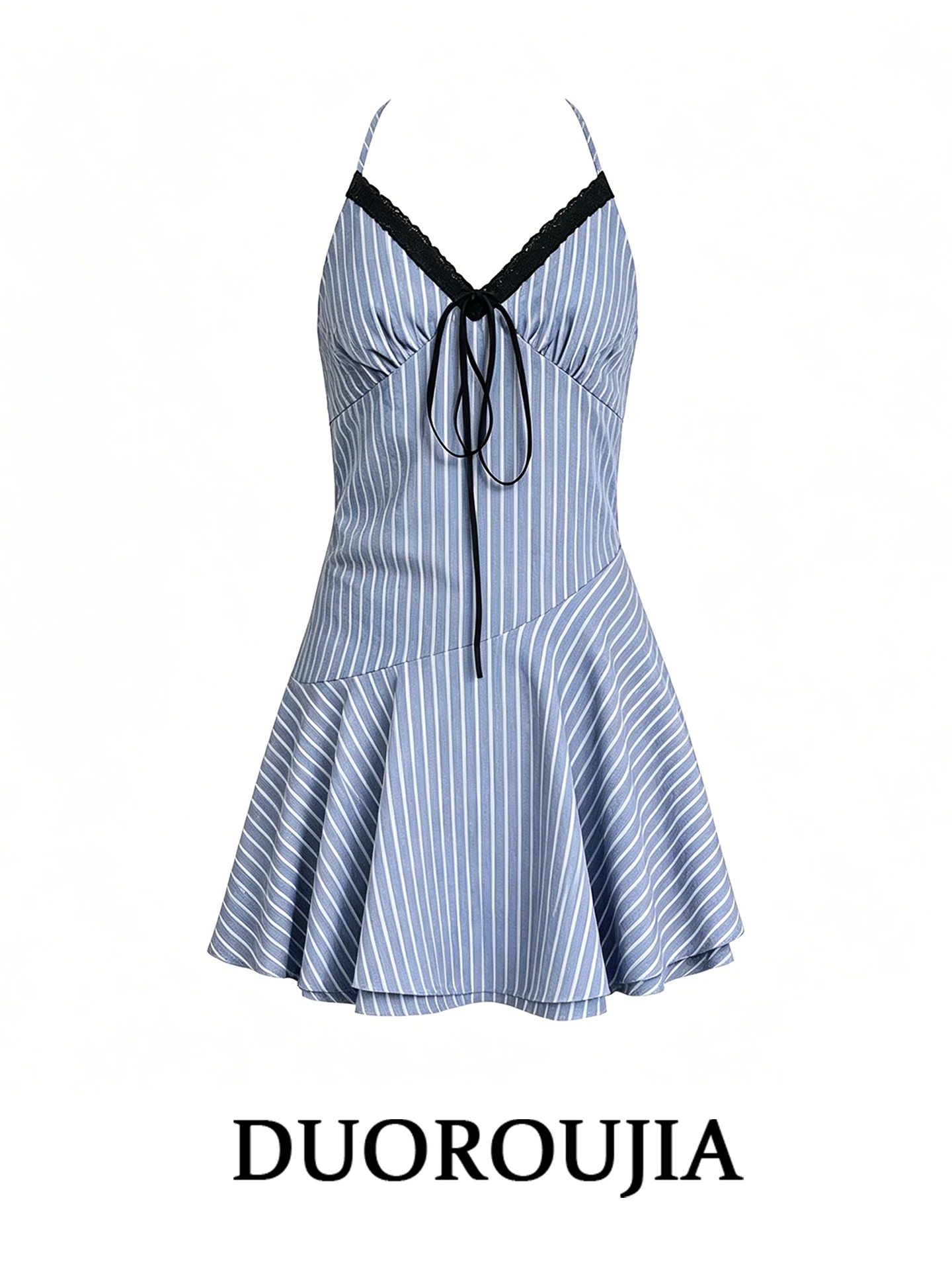 

Sweet Blue Striped Halter Neck Vest Women's plus Size Slim Fit Design Summer Top Korean Style Print High Waist Short Skirt