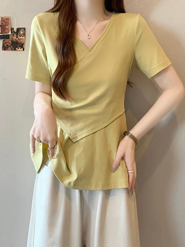 

Футболка Ele V-Ne ort Sve, женская летняя облегающая футболка больших размеров, асимметричный корейский повседневный топ