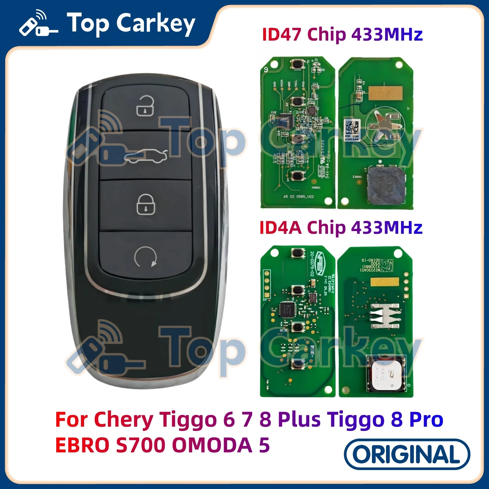

Оригинальный OEM смарт-ключ TopCarkey ID47 ID4A чип 433 МГц для Chery Tiggo 6 7 8 Plus Tiggo 8 Pro EBRO S700 OMODA 5