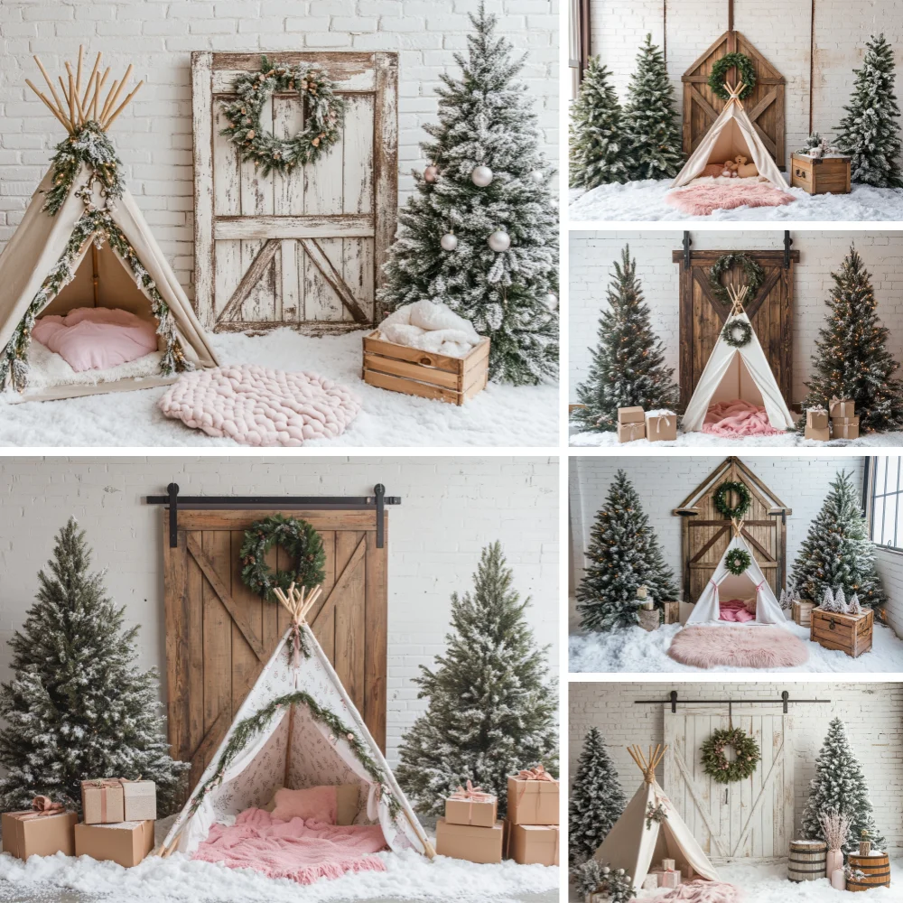

Photography Background Winter Christmas Vintage Wood Door Tent Xmas Tree Kids Family Portrait Decor Backdrop Photo Studio