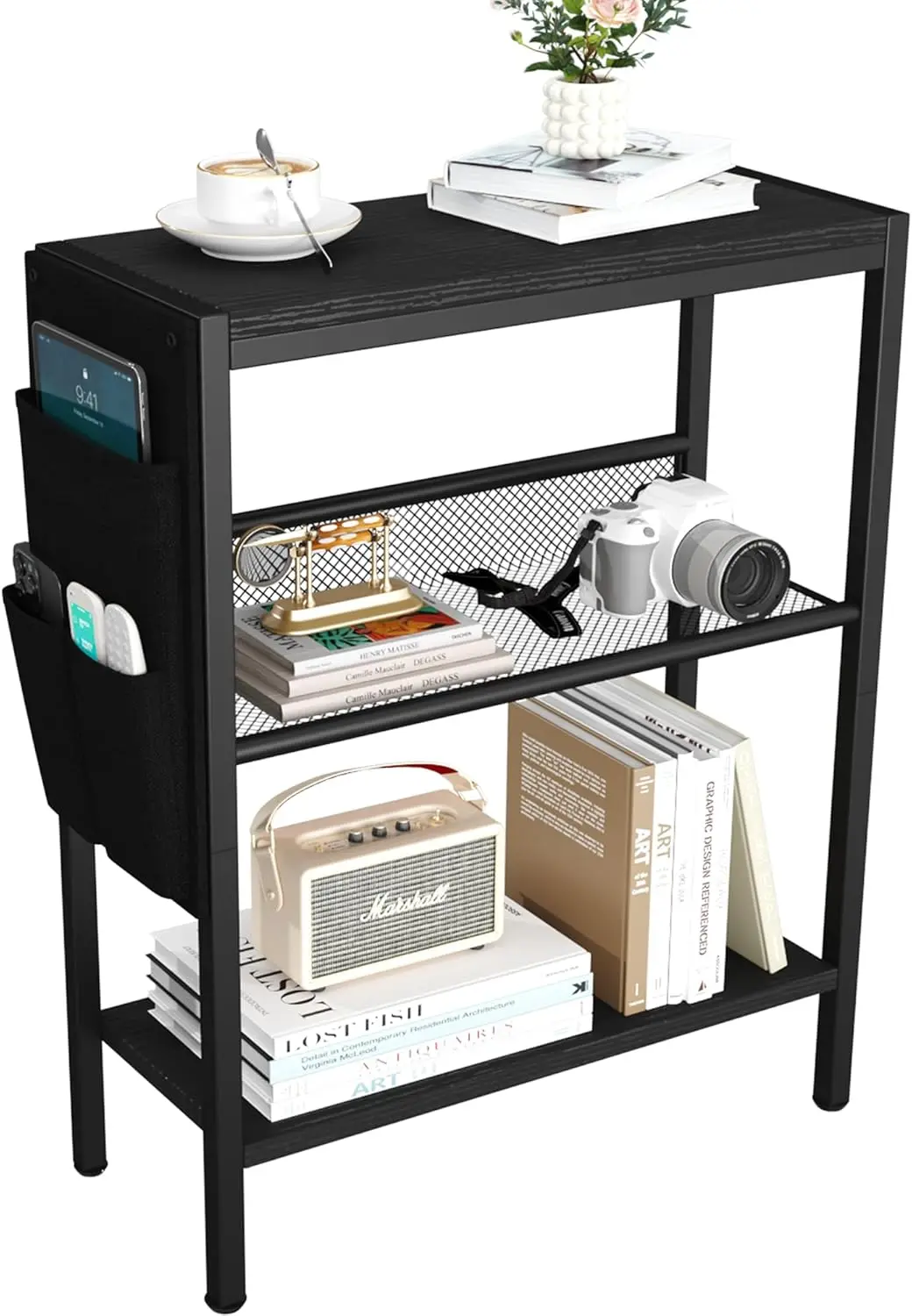 

Small Narrow Side Table for Small Spaces, Slim End Table with Storage Bag, Sofa Snack Table with Adjustable Metal Mesh,