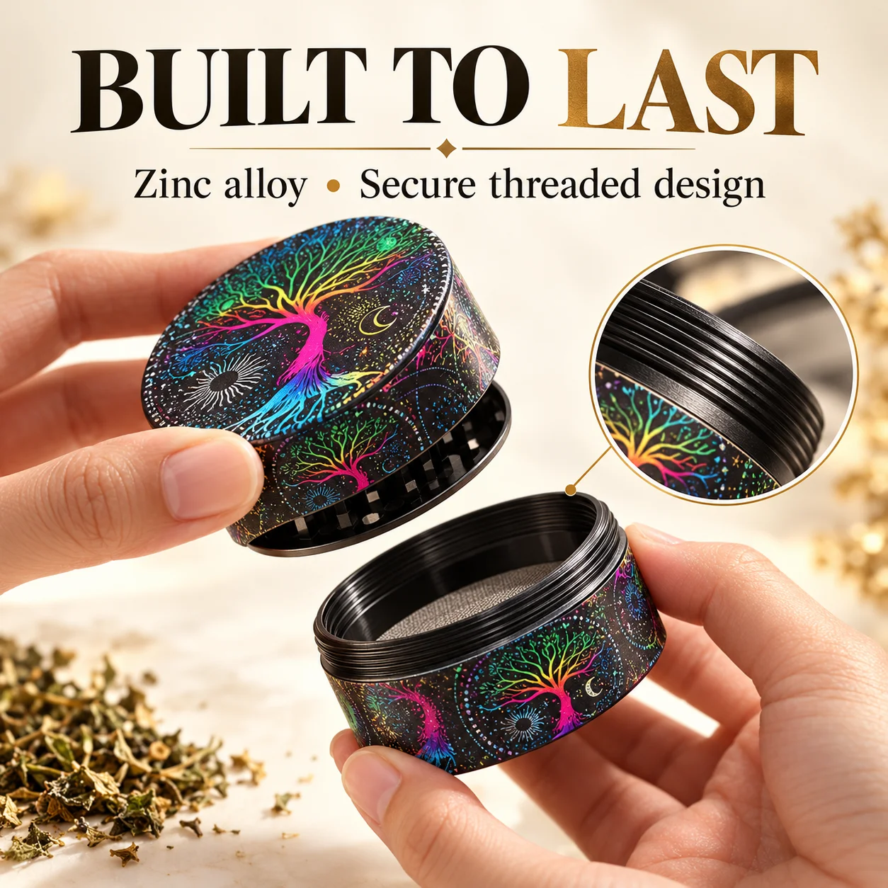 50mm 4 Layer Zinc Alloy Dry Herb Grinder, Full UV Printed Flat Metal Spice Grinder, Portable Manual Herb Crusher for Smoking Acc