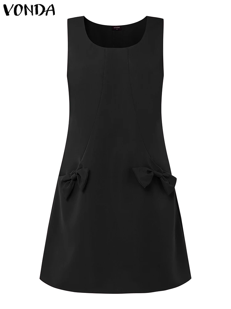 VONDA Women Sleeveless Mini Dress Summer Bow Elegant Party Sundress 2025 Fashion Sexy Office Lady Vestidos Casual Solid Robe