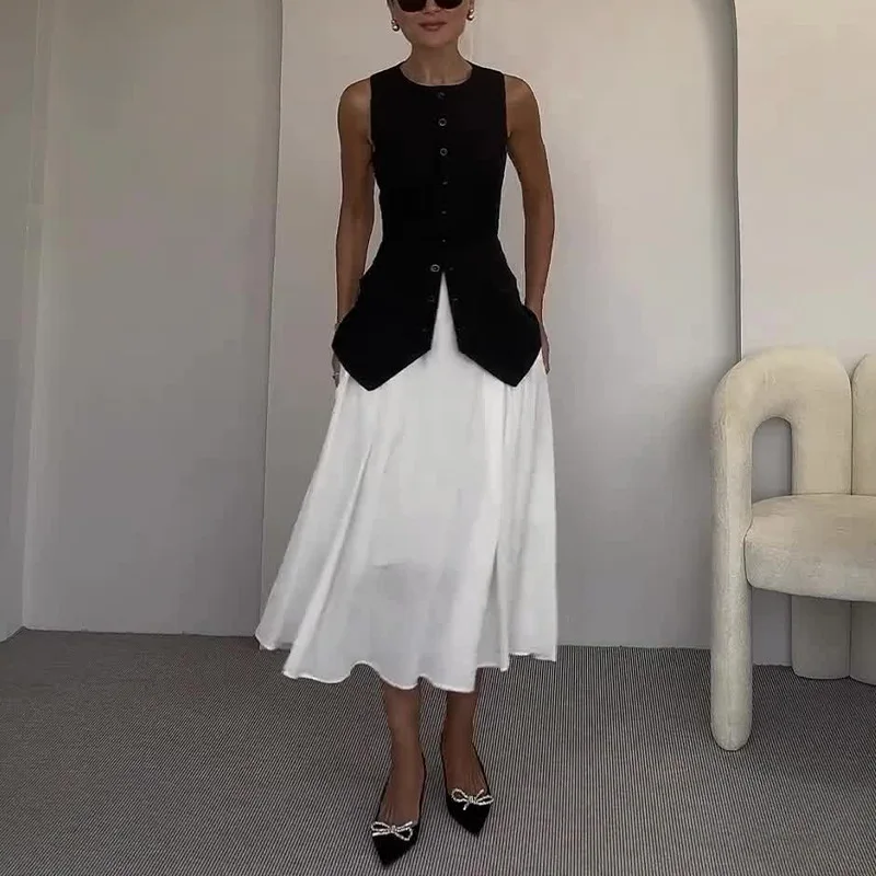 New Sleeveless Vest Long Skirt 2 Piece Set Fashion Waistcoat Top Loose Dress O-Neck Temperament Chic Commuting Women Dress 2025