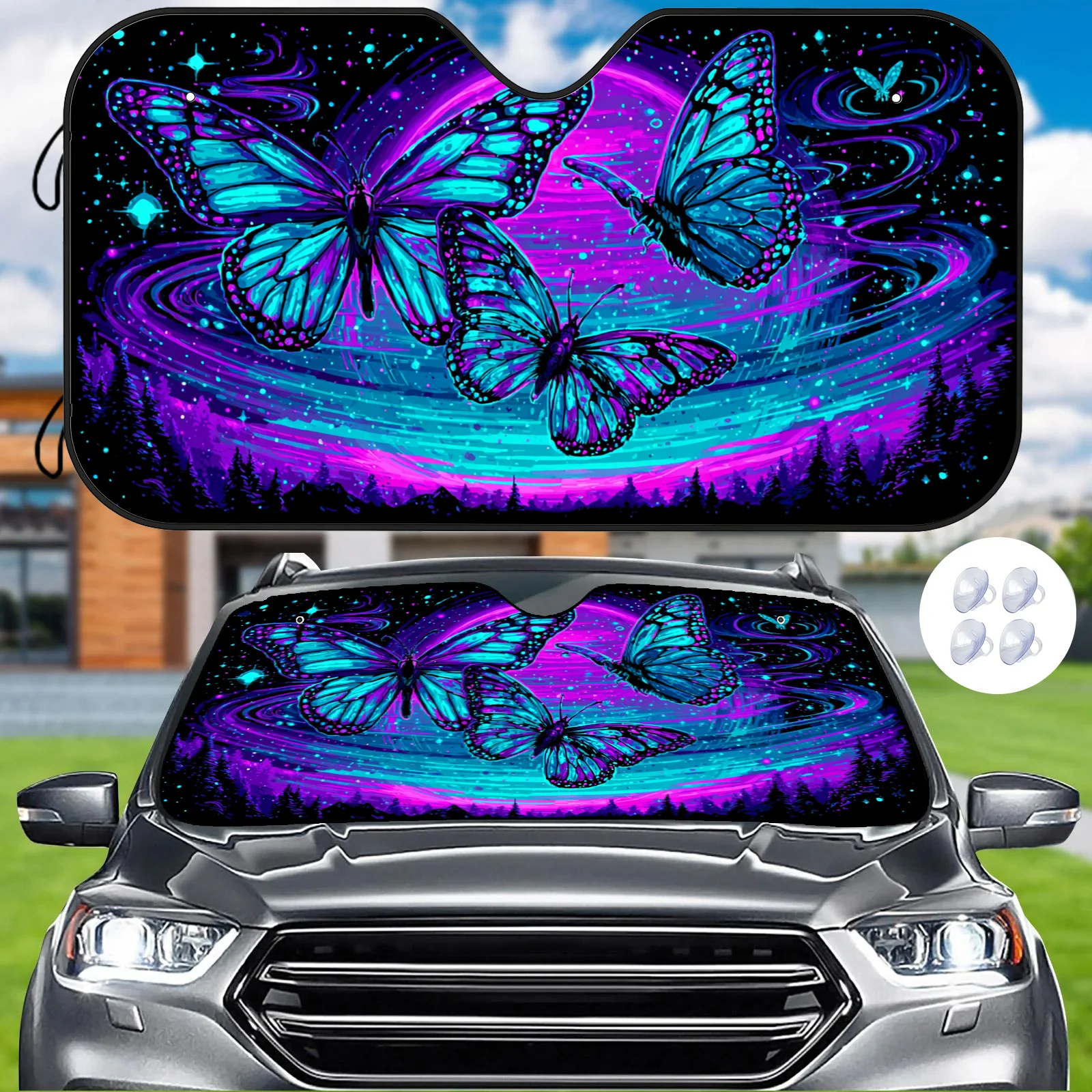 Neon Butterfly Shadow Car Sunshade, In A Cyberpunk Art Style, Provides Heat Insulation To Keep The Interior Cool, Comes With Suc
