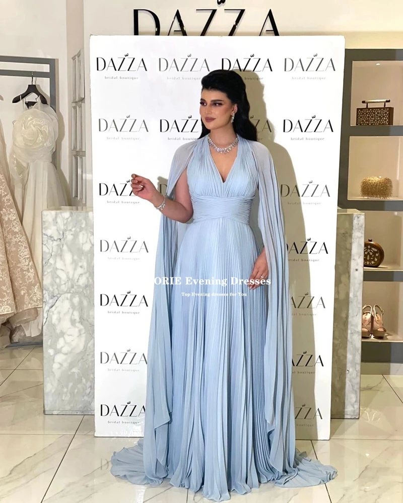 Lorie-Saudi Arabia Chiffon Prom Dresses, vestido de noite com capa, plissado azul-céu, vestidos de festa de celebridades de Dubai, moda