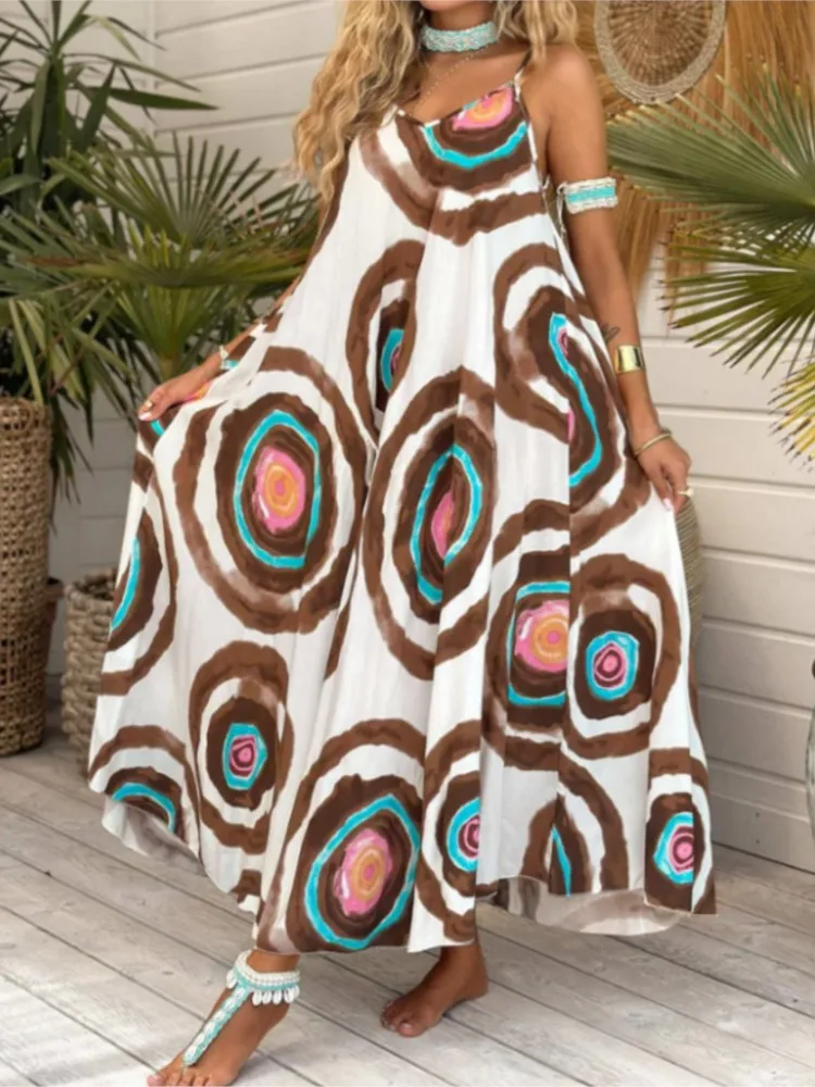 

Summer New Bohemian Style Printed Loose Casual Dresses Women's Fashionable V-neck Sleeveless Suspender Dress Ladies Beach Dress
