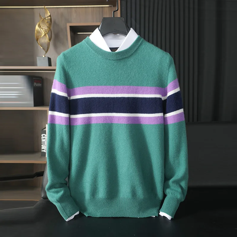 Autumn And Winter New Men's Wool Knitted Pullover Striped Plus Size Casual Sweater Youth Thickened Bottoming Shirt