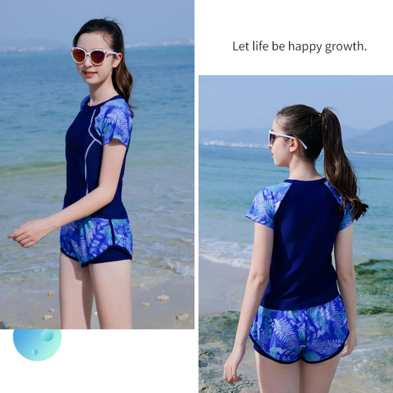 Two-Piece Swimsuit Girls Trouser Short Sleeve Leaf Print Swimwear Children Swimming Suit Split Sunscreen and Quick Drying Wear