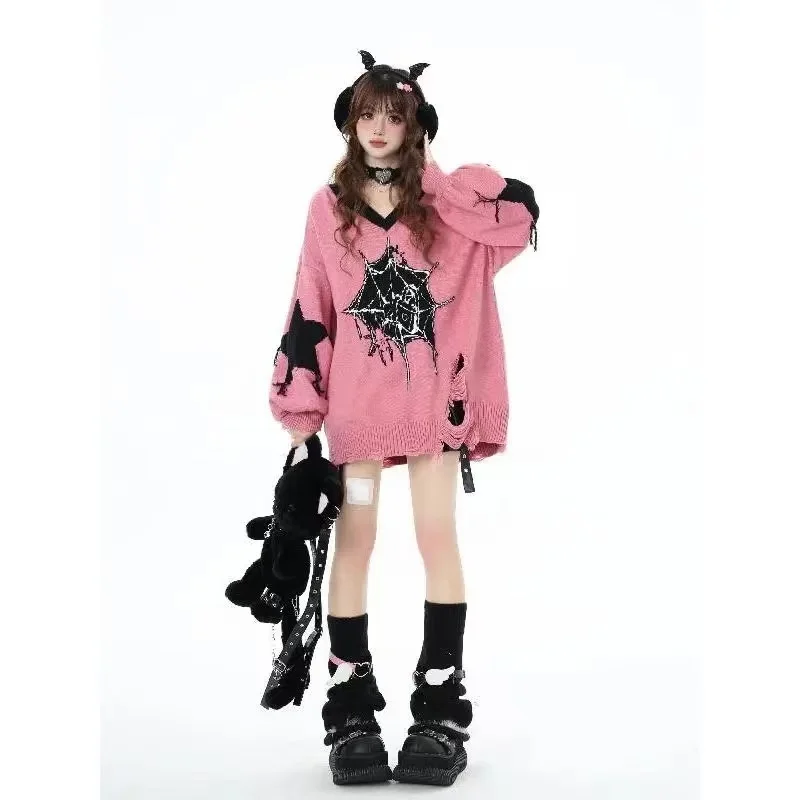 

Gothic Dark Star Sweater Women V-Neck American Retro High Street Baggy Sweater Harajuku Punk Couple Pullover