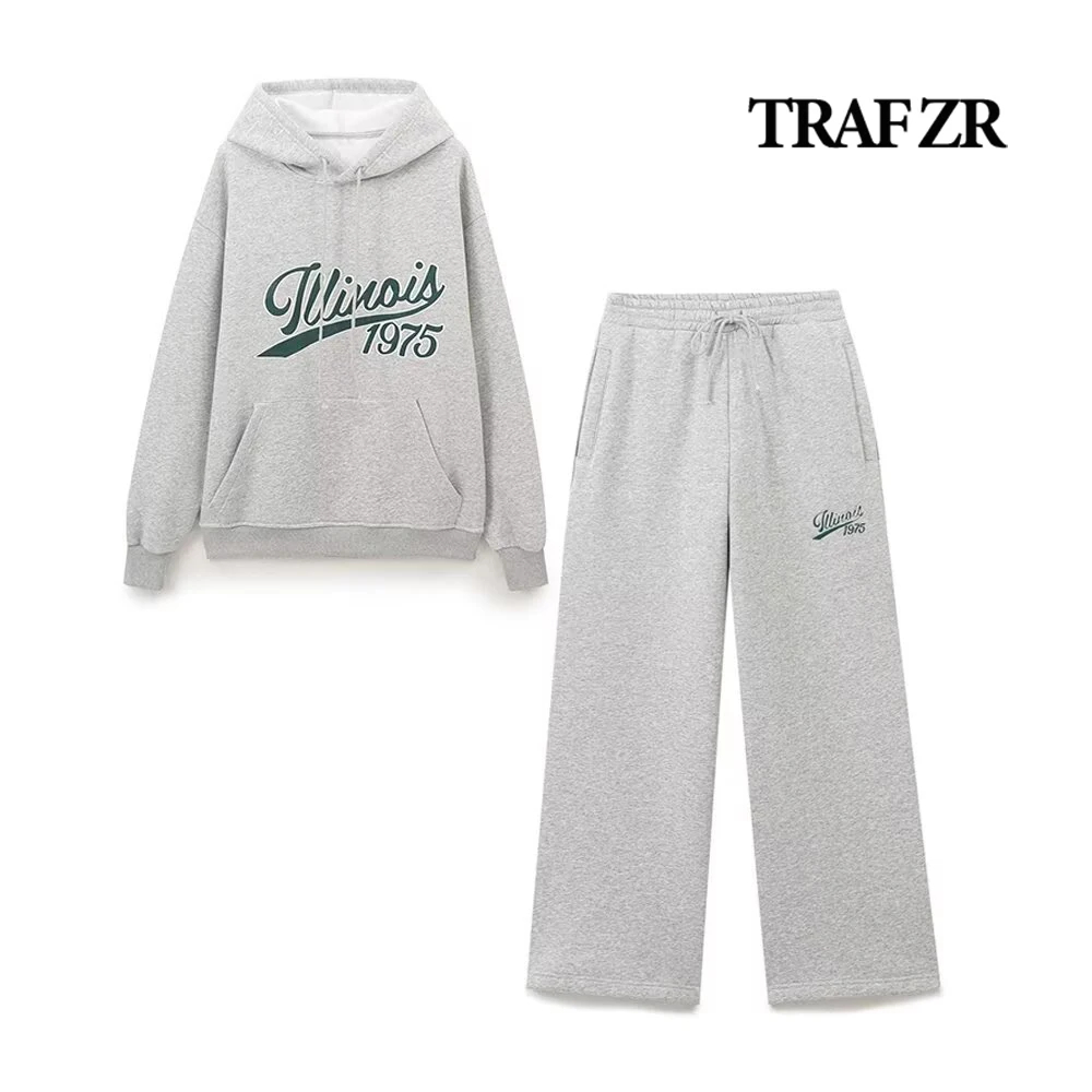 

TRAF ZR Casual Sweatsuit Set Varsity Pant Sets Adjustable Drawstring Hood Sweatshirt Contrasting Embroidered Text Combi-pants