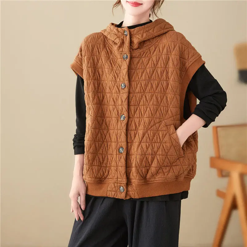 

2022 Autumn And Winter Sweatshirt Jacket Waistcoat Casual Loose Literature And Art Leisure Solid Color Argyle Hooded Coat T701