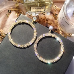 Luxury Crystal Rhinestone Long Tassel clip Earrings for Women Bridal Non Pierced Dangling circle Earrings Party Wedding Jewelry