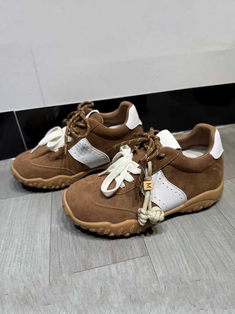Women Mixed Color Lace Up Height Increase Jogging Sneakers Suede Split Leather Breathable Female Sport Shoes Running Trainers