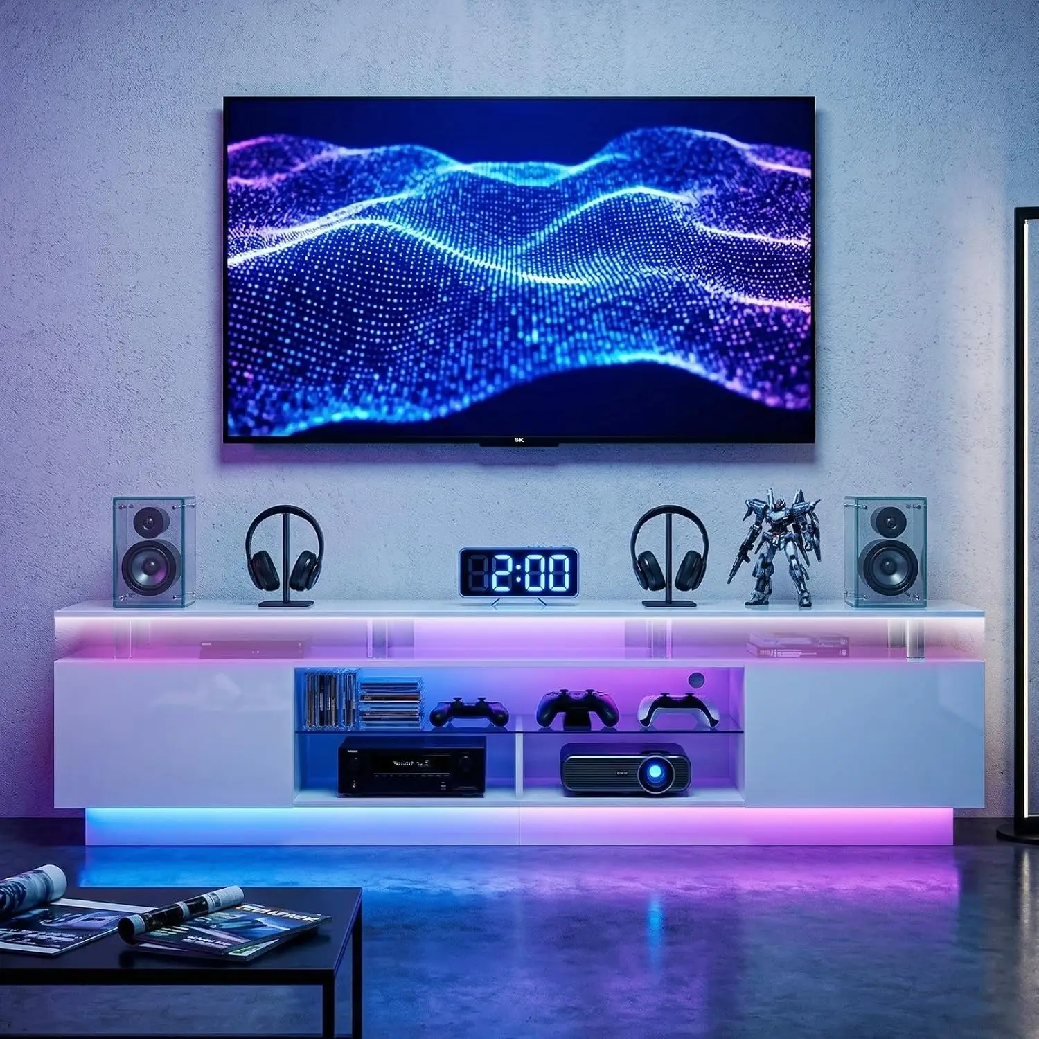 80 Inch High-Glossy TV Stand 2 Side Cabinets, Modern Entertainment Center 3 Layer LED Lights, Glass Shelf & Power Outlets
