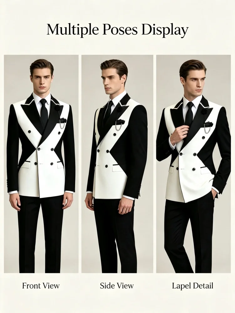 Men Slim Fit Black White Color Block Business Blazer Double Breasted Peak Lapel Suit Jacket for Wedding Groom Prom Party Stage