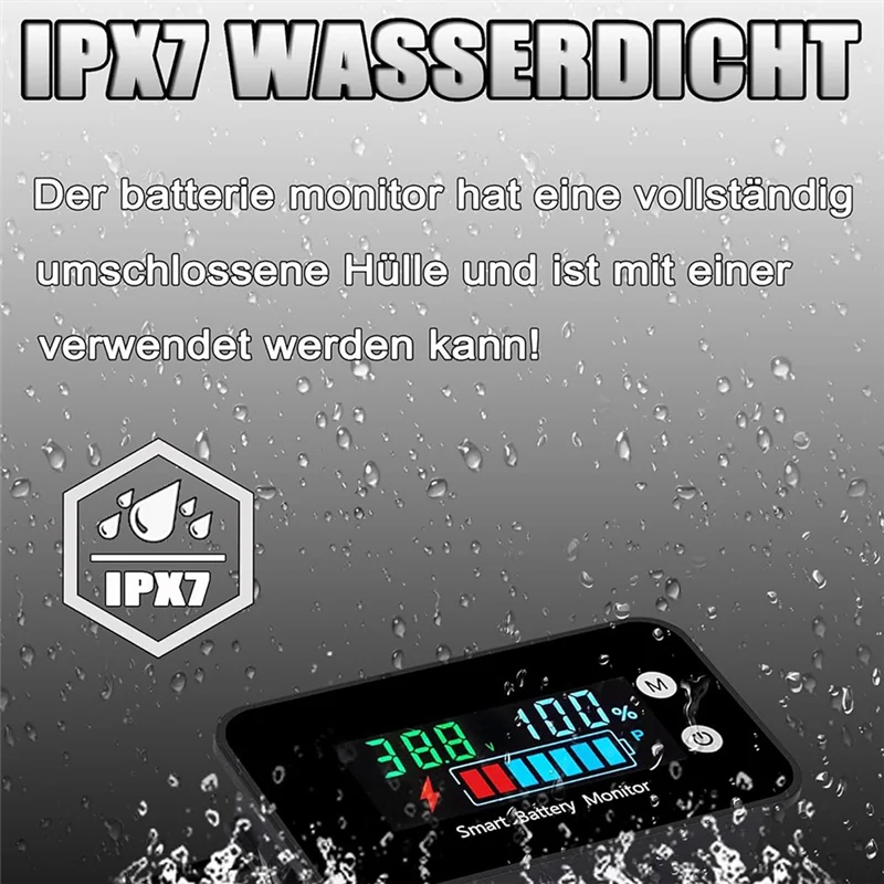 AS94-IPX7 Monitor batteria impermeabile con staffa 7-100 V, misuratore batteria per carrello da golf per auto, moto, cicalino, allarme e temperatura