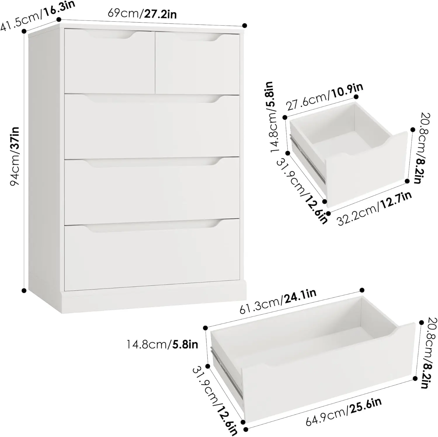 Modern 5-lade dressoir voor slaapkamer, ladekast met opbergruimte, houten opbergkistorganizers met uitgesneden handgrepen,