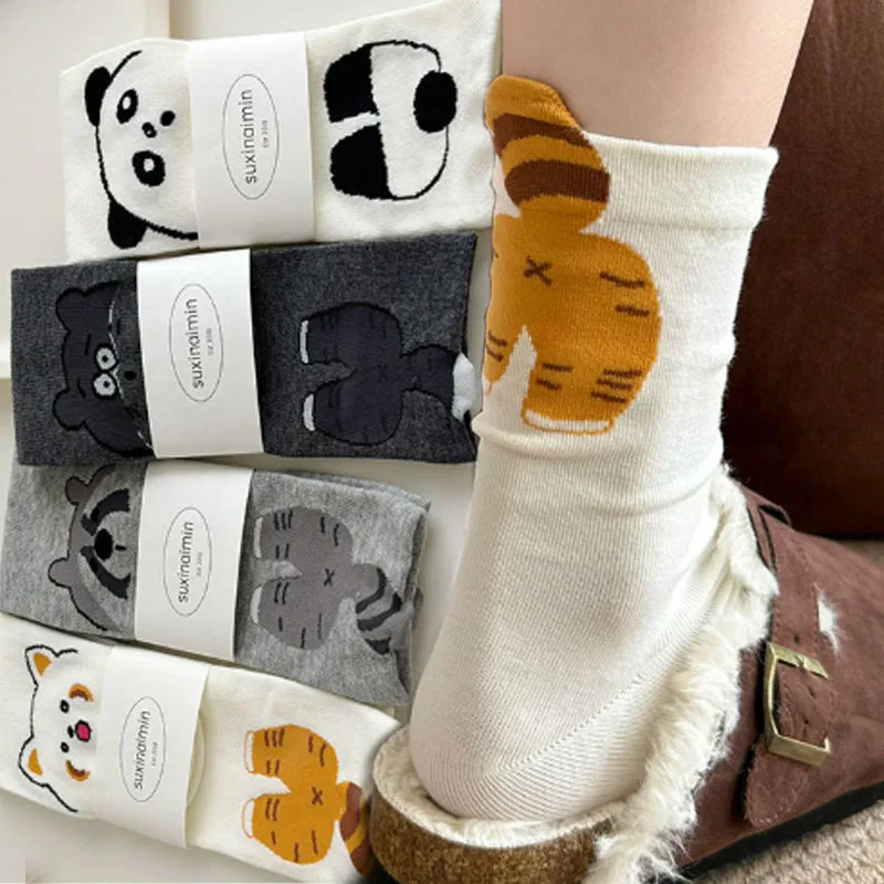 

1/4 пары носков средней длины с принтом кота, панды, кавайные мягкие женские и мужские чулки с животными, осенне-зимние дышащие хлопковые носки для пар