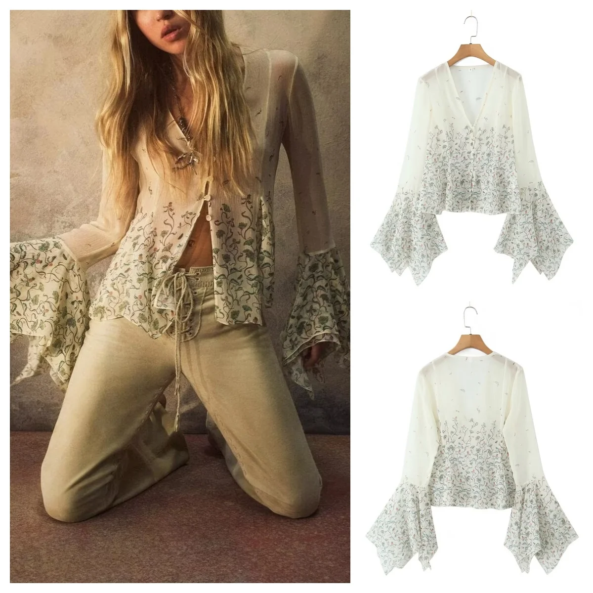 

European and American style 2025 early autumn new positioning printing trumpet long-sleeved shirt top