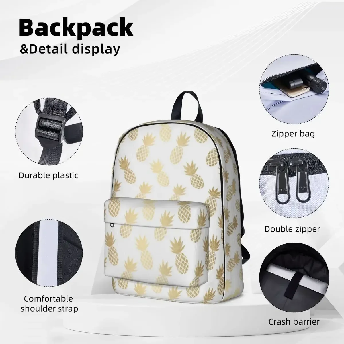 Gold Pineapple Pattern Backpacks Large Capacity Student Book bag Shoulder Bag Laptop Rucksack Fashion Travel Rucksack School Bag