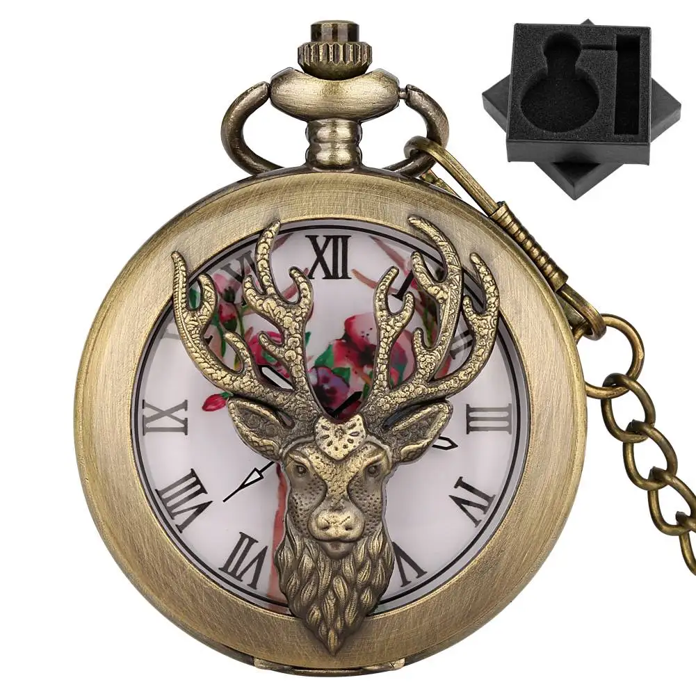 

Transparent Hollow Reindeer Head Bronze Quartz Pocket Watch Roman Numerals Dial Pendant Pocket Clock Vintage Christmas Gift