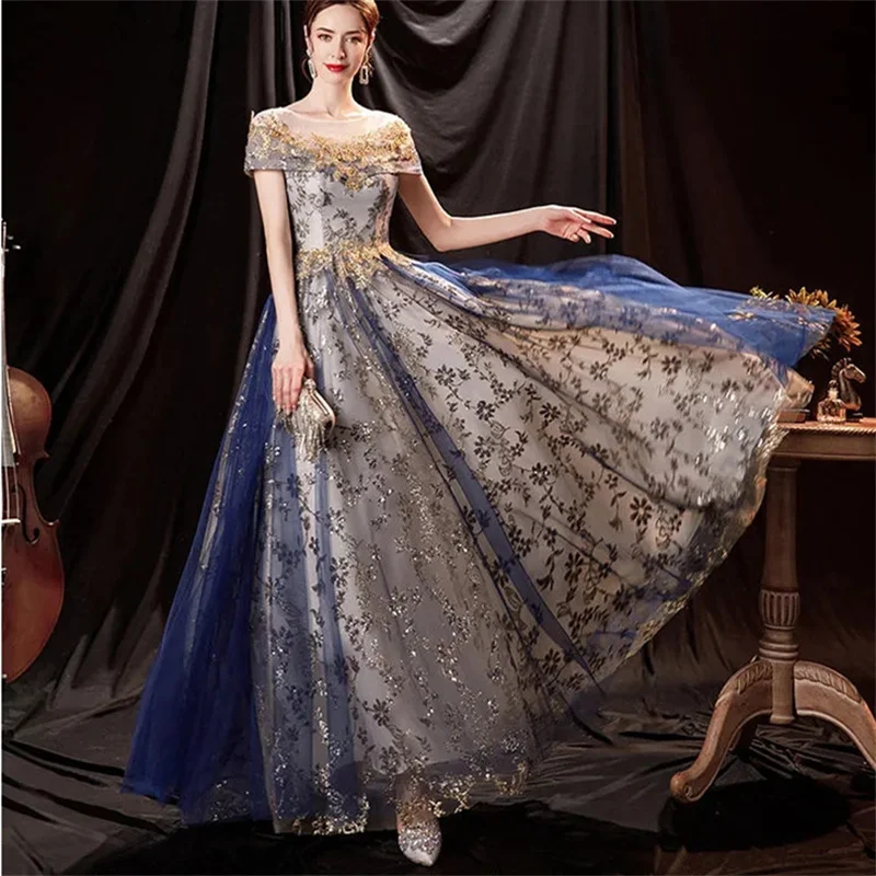 2026 Party Maxi Dresses Women's Embroidery Diamonds Sequined Mesh Perform Dresses Elegant Female Ball-gown A-line Dresses S-5XL