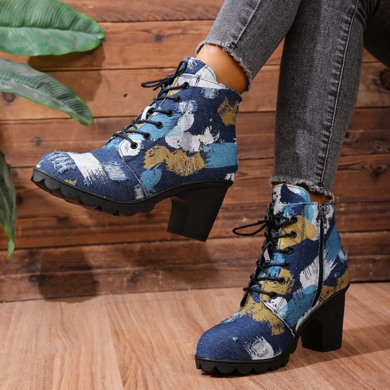 

Women Boots Lace Up Low Heel Ankle Botas Mujer Casual Shoes Retro Round Toe Printing Lace Up Shoes Chelsea Short Boot Plus Siz43