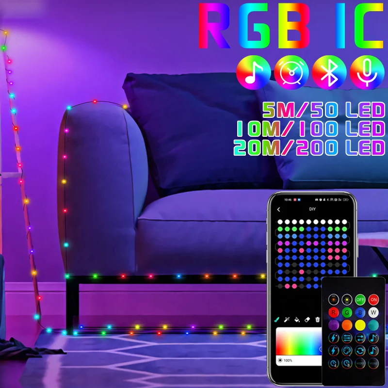 Imagem -02 - Rgb Cor Mudando Fairy Lights Usb String Lights Remoto Bluetooth Controle de Aplicativos Música Sync Ip65 Impermeável ao ar Livre 200led