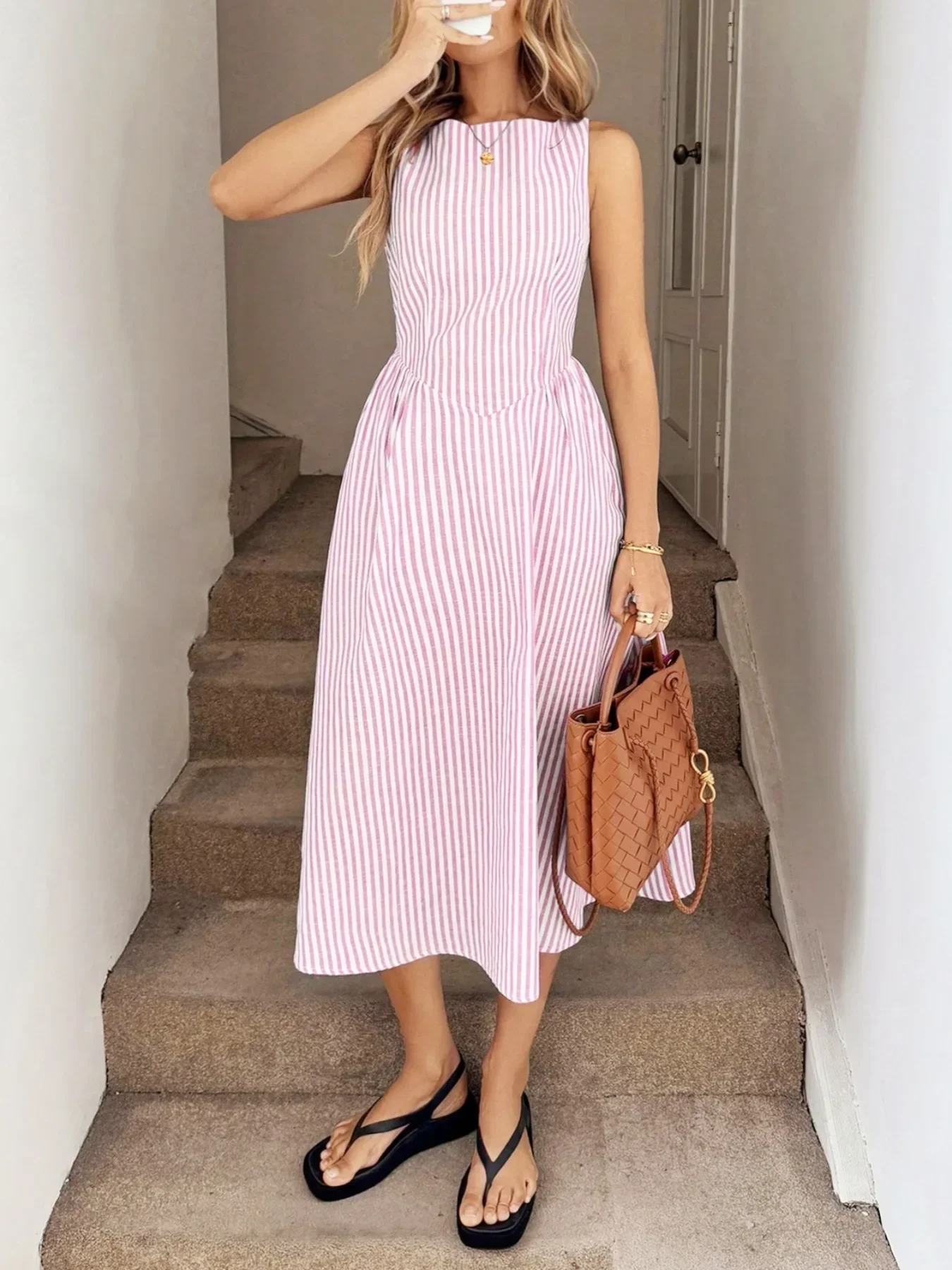 Neues Y2K Sommer-Urlaubskleid aus Leinen für Damen, ärmellos, vertikal gestreift, hohe Taille, A-Linie, Midi, lässiges Swing-Kleid mit Taschen – Detail 20