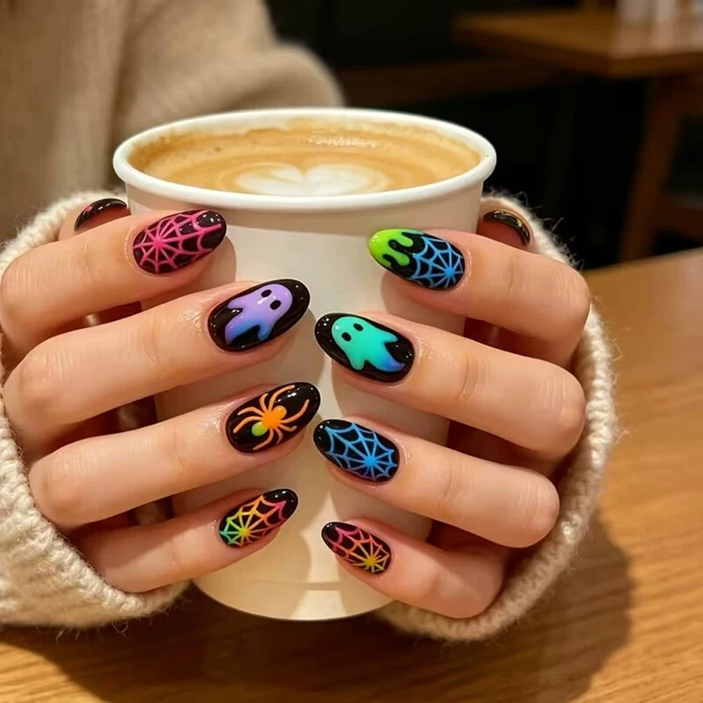 30pcs Halloween Dopamine Themed Ghost Press-On Nails,Medium Oval Fake Nails,Complete Manicure Kit,Perfect For Parties & Cosplay