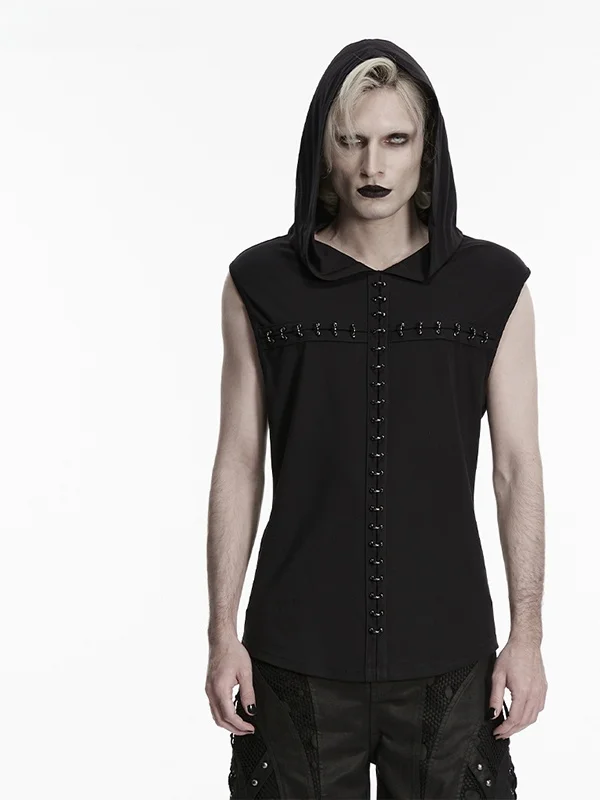 Punk Style Hoodie Vest Men's Black Metal Buckle Ring Sleeveless Street Dark Slim Fit Outerwear Trendy Top Cotton Nylon Spandex