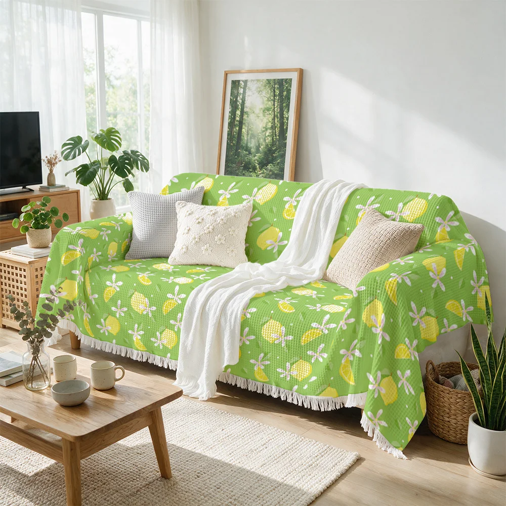 Bright Green Lemon Print Sofa Throw Blanket for Couch Cover Spring Summer Decor Living Room Accent Knit Throw Cozy Quilt