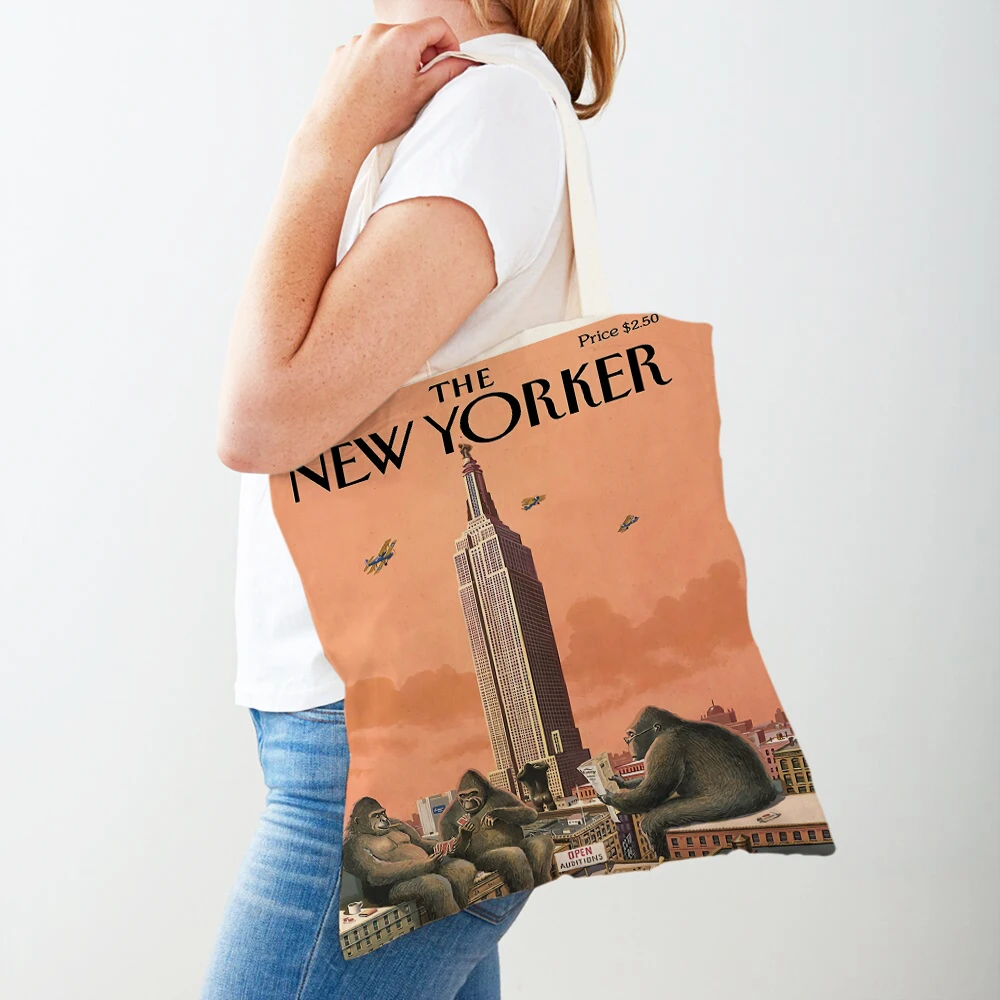 New Yorker Christmas Women Shopper Bags Supermarket Tote Lady Handbag Double Print  Reusable Foldable Casual Canvas Shopping Bag