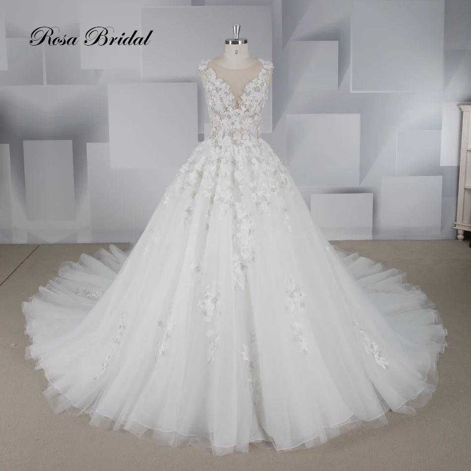 V-Neck Lace Applique 3D Flower Wedding Dress