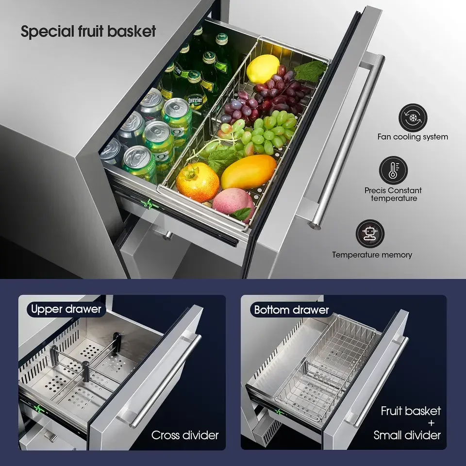 Outdoor Kitchen Double Drawer Refrigerator Built in Home bar Touch Control Cooling Single Zone Beer Beverage Fridge