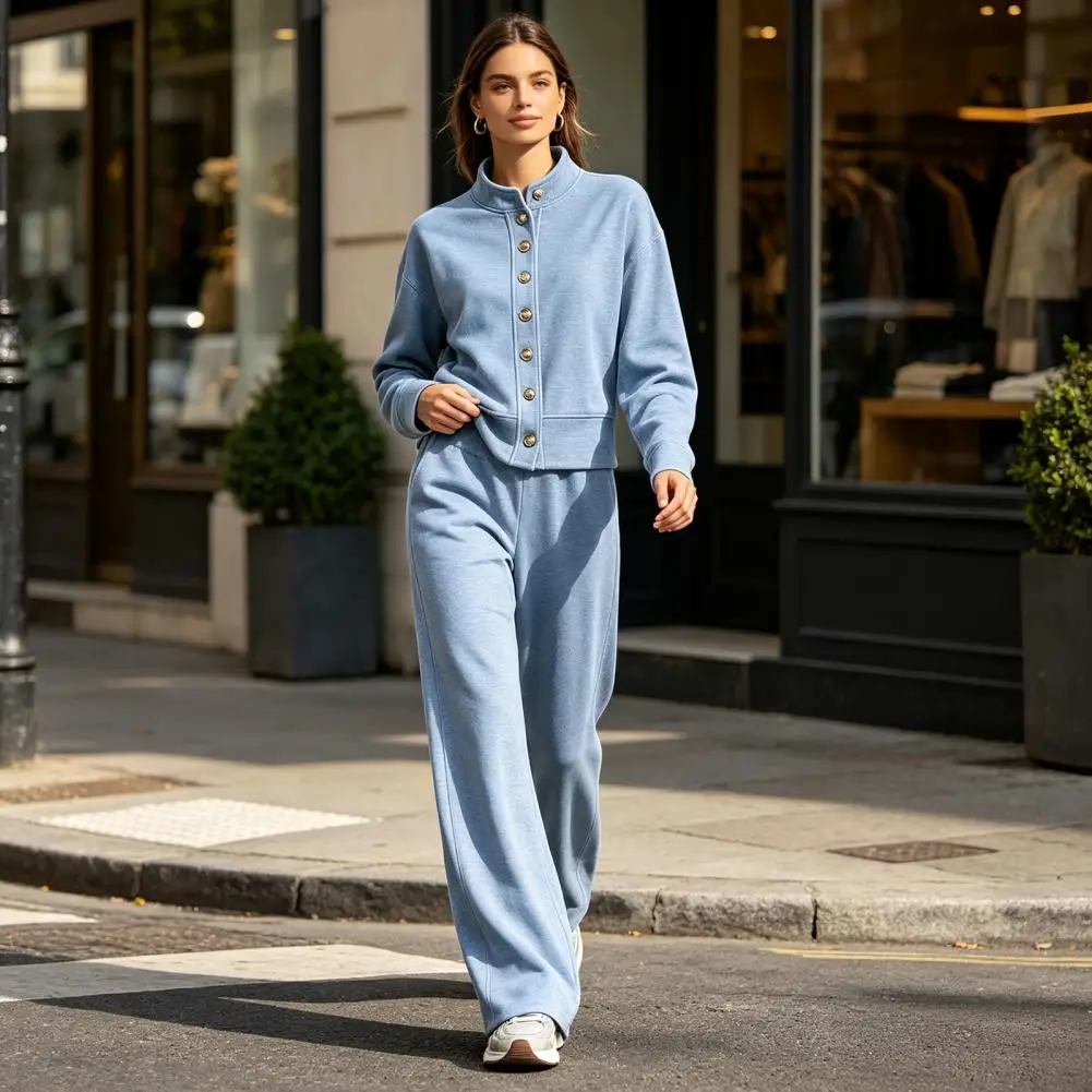 2026 Two Piece Set for Women Elegant Suit with Wide Leg Pants Women Solid Cardigan Set Stand Collar Single Metal Button Short Ja